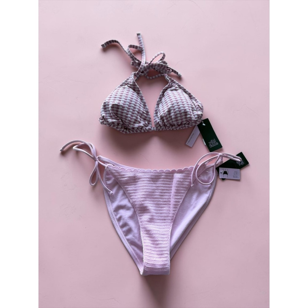 Wild Fable Pink Gingham Triangle Bikini Top and Scalloped Side Tie Bottoms Set M